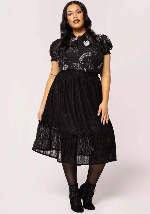 Hell Bunny Rhea Midi Lace Skirt with Black Stripes for Vintage and Gothic Styles