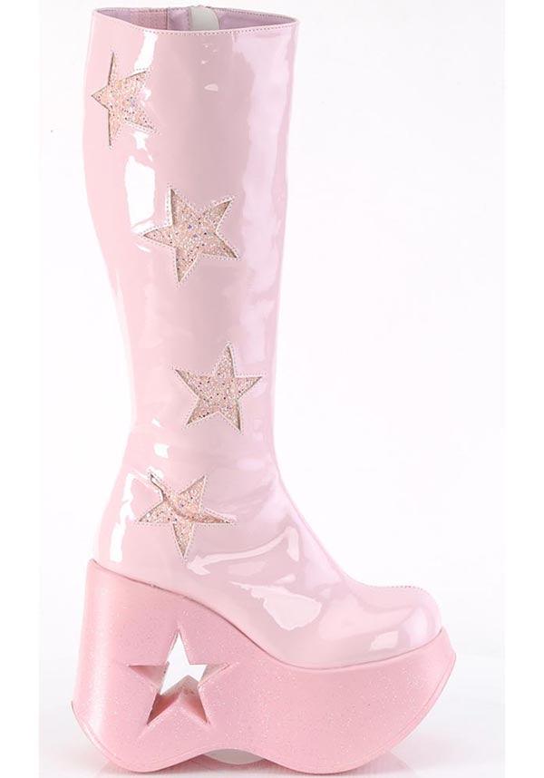 DYNAMITE-218 Baby Pink Patch Platform Wedge Knee High Boots - Preorder