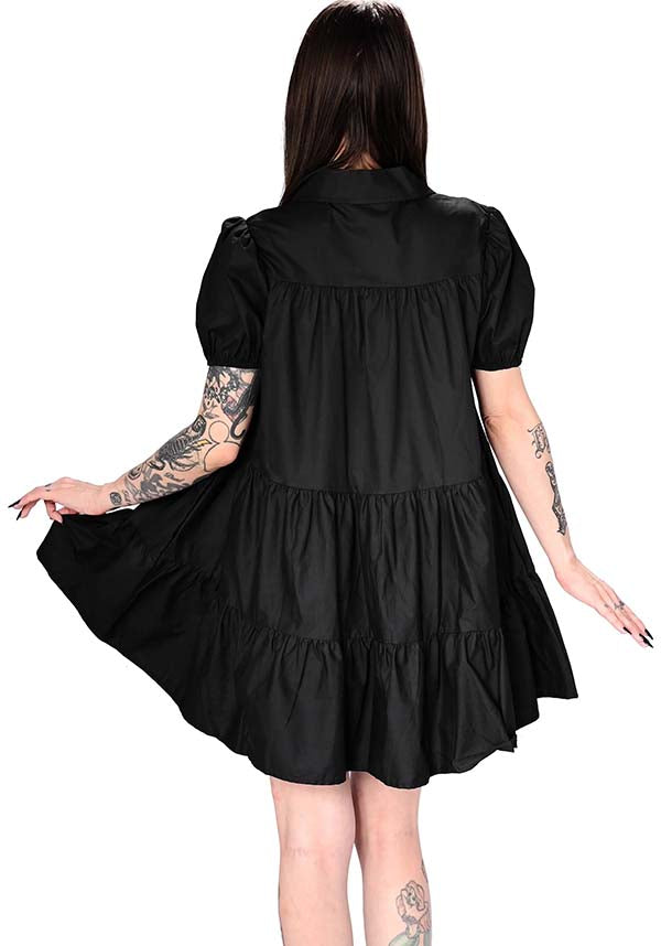 Foxblood Romina Tiered Babydoll Dress with Puff Sleeves and Pointed Collar
