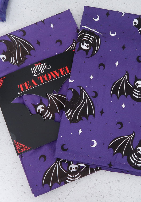 Gothic-Inspired Batty Bones Purple and Black Tea Towel