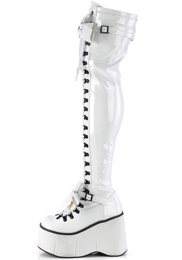 PREORDER - Demonia KERA-303 White Patent Platform Thigh High D-Ring Lace-Up Boots