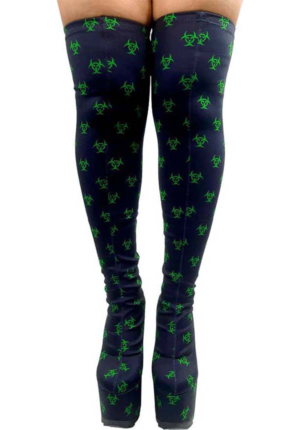 Edgy Black and Green Labyrinth Toxica Knee-High Boots