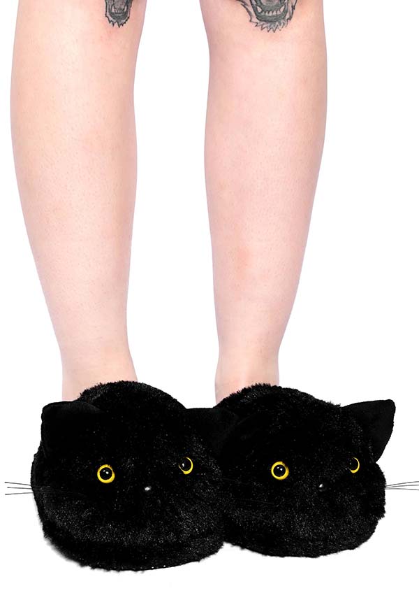 Black Faux Fur Plush Slippers Featuring a Cute Black Cat Face Design