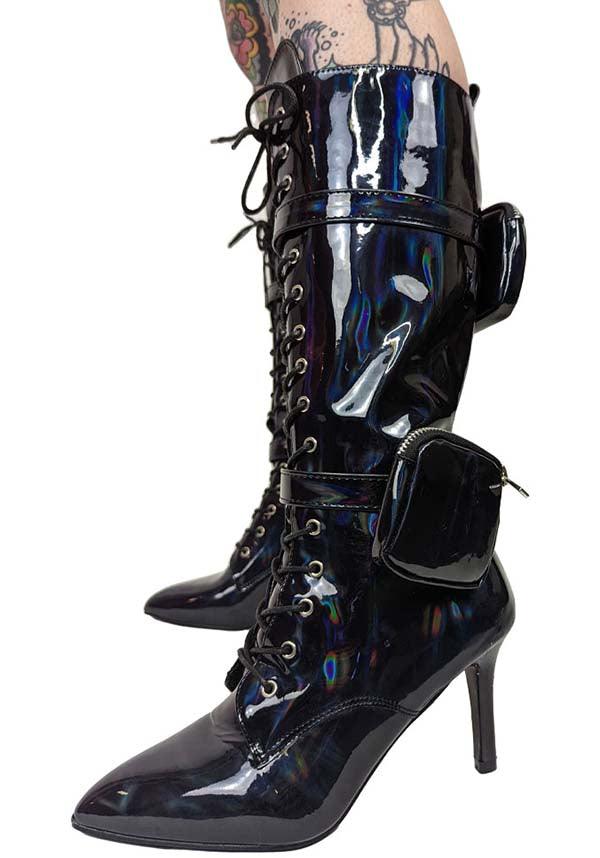 San Jose Black Holo Patent Leather Lace - Up Mid - Heel Boots with Pocket Details
