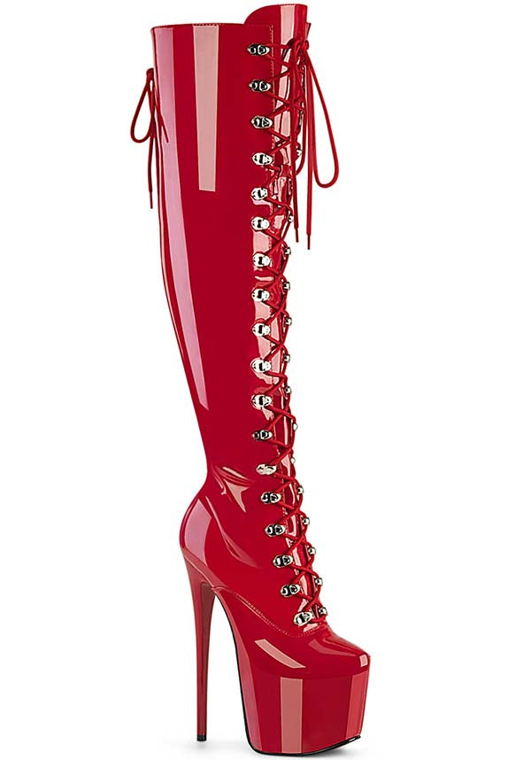 JUBILANT-3012 Red Patent Platform Over-The-Knee Lace-Up Boots [PREORDER]