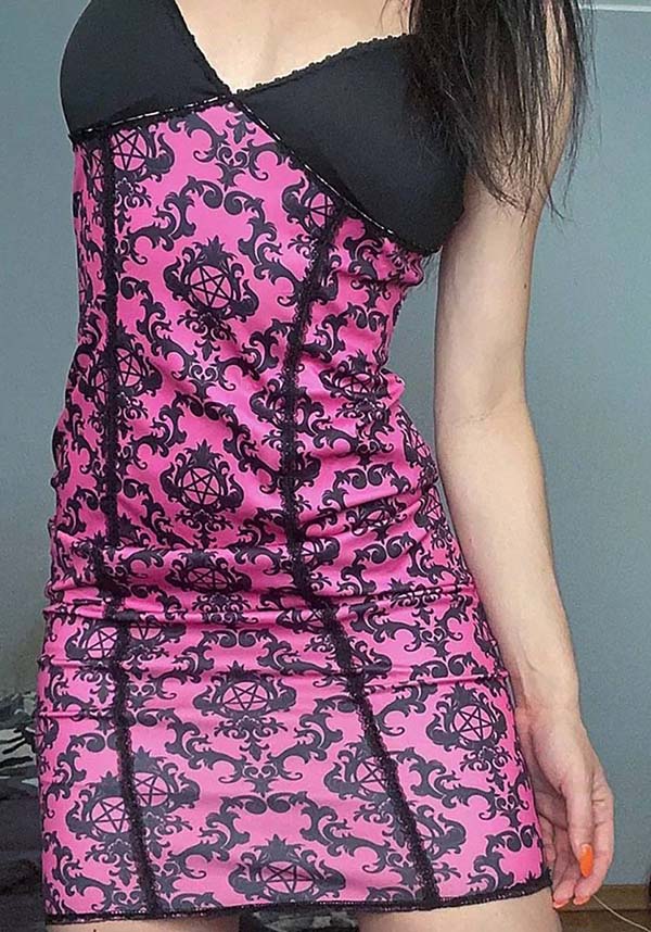 Pink Victorian Gothic Pentagram Damask Cami Lace Dress