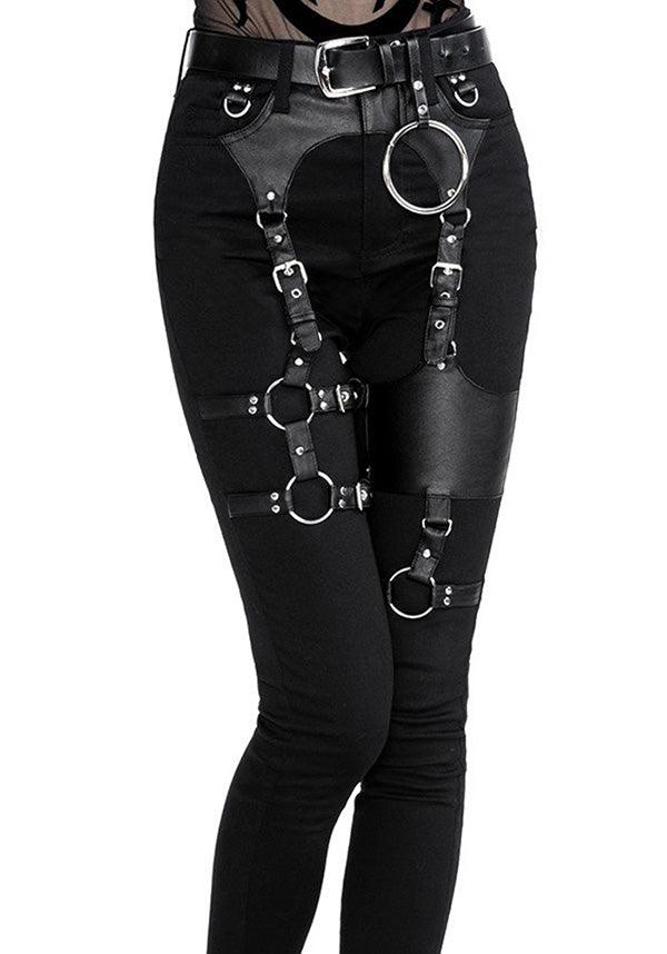 Black Gothic-Style Leather-Look Harness-Adorned High-Waisted Slim Fit Jeans