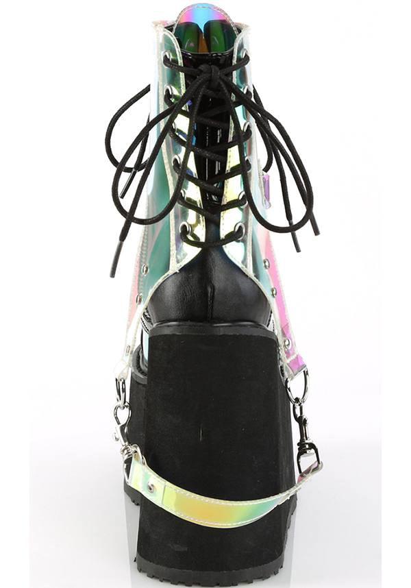 Demonia Pre - Ordered Black and Clear Hologram Swing - 115 Platform Lace - Up Boots