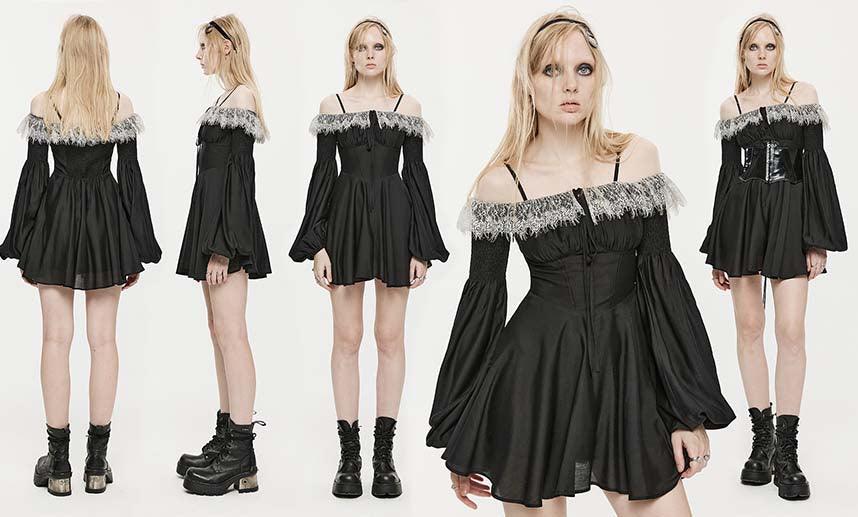Sweet Girl Gothic-Inspired Off-Shoulder Chiffon Autumn Dress with Lace Accents