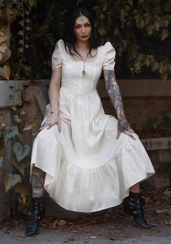 Elegant Ivory Gothic Dress by Lively Ghosts with Lace Details