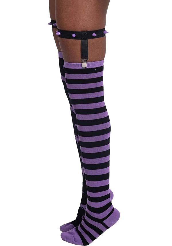 Purple Stripes and Purple Bats Design Thigh High Fashion Garter Socks