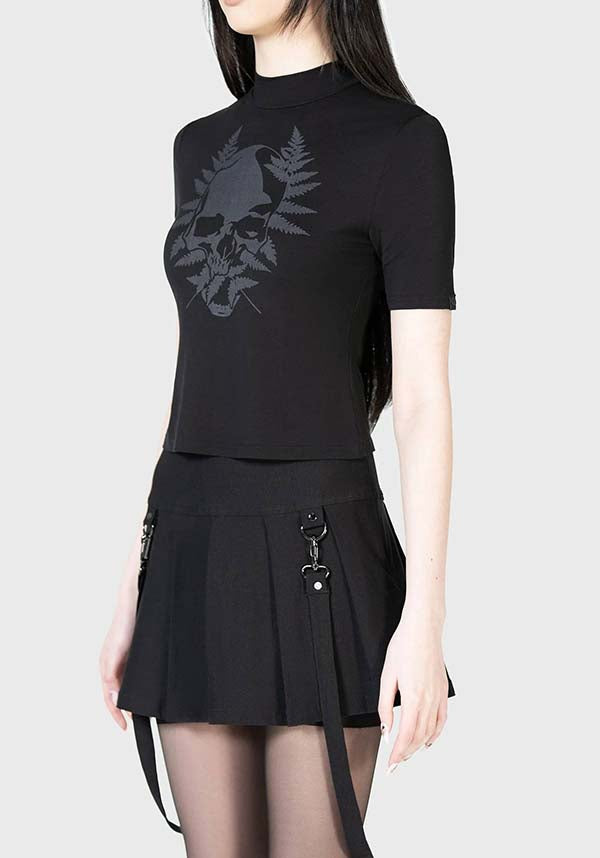 TOP* | Soft & Stretch Live Twice Skull Print High Neck Short Sleeve Fitted Top