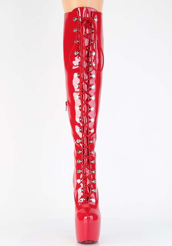 JUBILANT-3012 Red Patent Platform Over-The-Knee Lace-Up Boots [PREORDER]