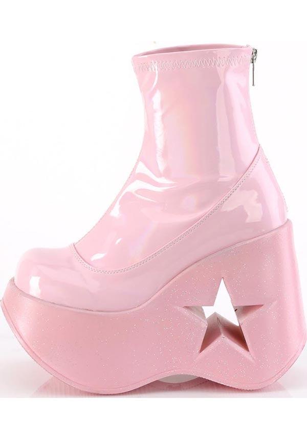 PREORDER - DYNAMITE-100 Baby Pink Stretch Holo Platform Wedge Ankle Boots