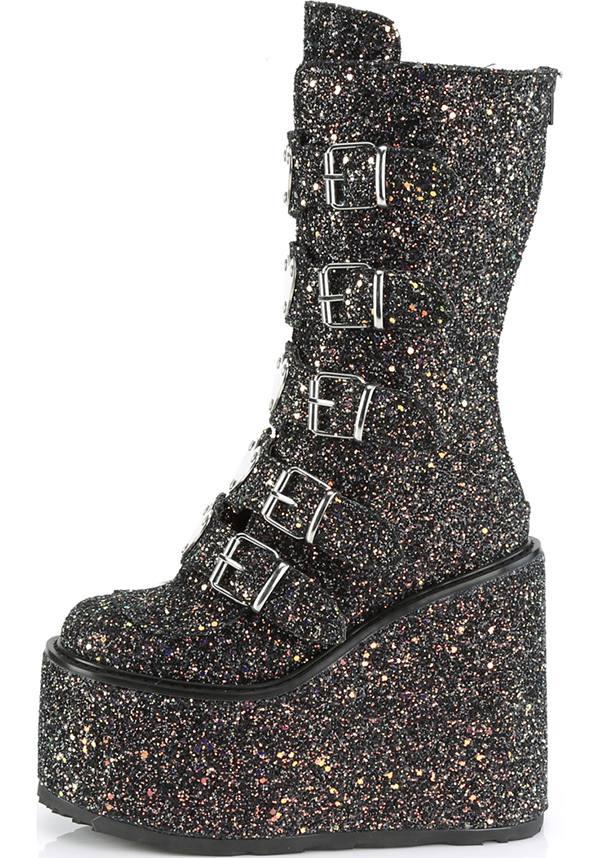 PREORDER: Demonia SWING-230G Platform Mid-Calf Boots in Black Multi Glitter Style