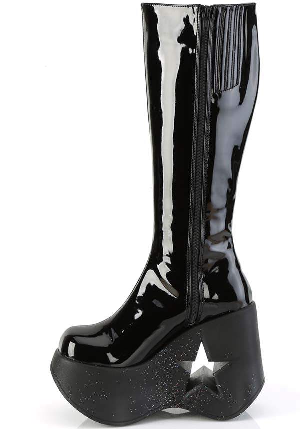 DYNAMITE-218 Patent Black Glitter Platform Boots - Preorder