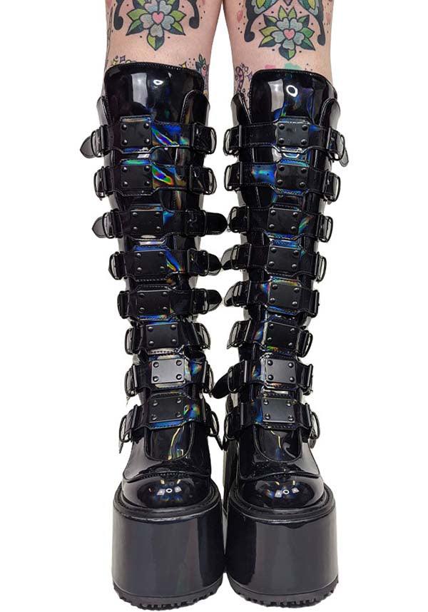PREORDER: Black Holographic Patent SWING-815 Platform Knee-High Boots