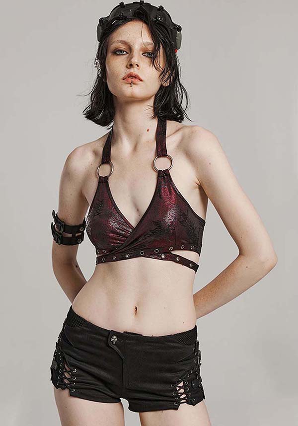 Punk Rave Minerva Wrap Halter Top in Striking Black and Red Color Combination
