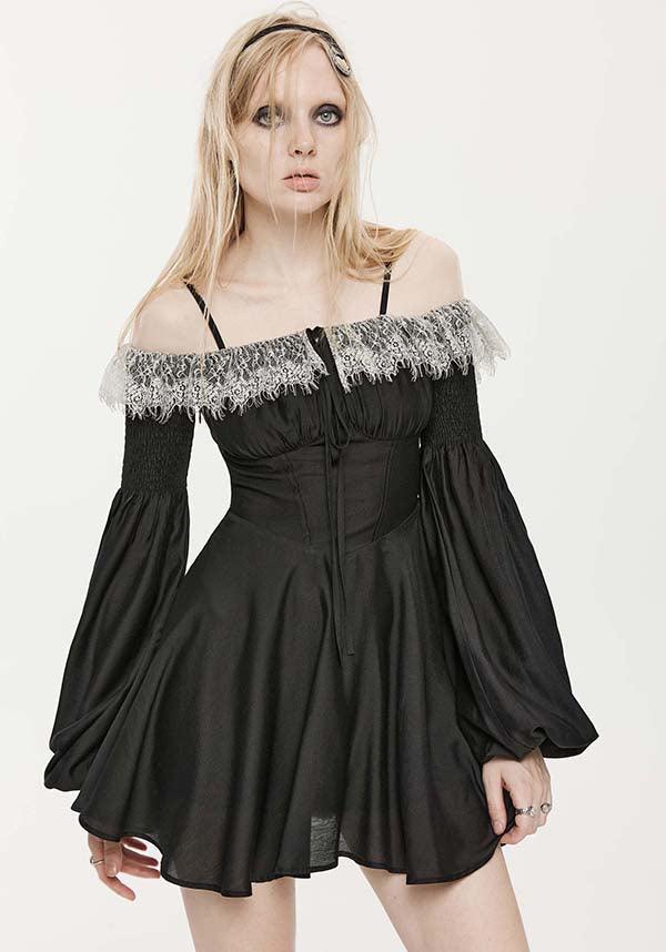 Sweet Girl Gothic-Inspired Off-Shoulder Chiffon Autumn Dress with Lace Accents