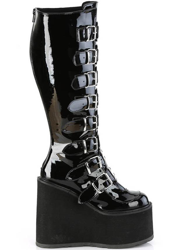 PREORDER - SWING-815WC Wide Calf Platform Boots in Black Patina Design