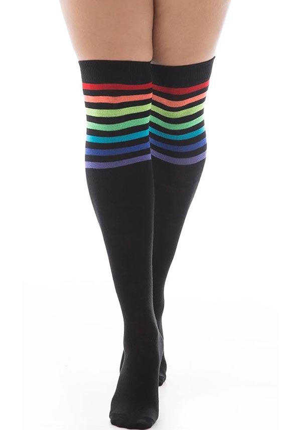 Referee Style Over the Knee Socks in Black and Rainbow Color Scheme