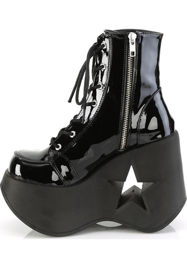 DYNAMITE-106 Black Patent Platform Wedge Lace-Up Ankle Boots [Pre-Order]
