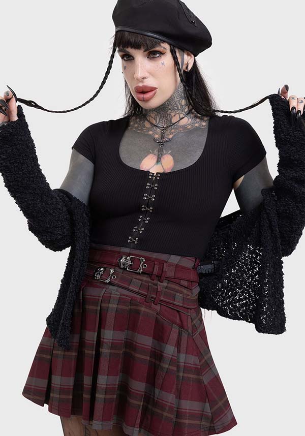 Sable Riot Mini Skirt with Custom Skull Buckles and Check Print