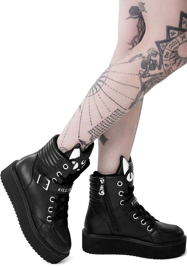 All - Black Luxe Faux Leather Keiko Kitty High Tops with Kitty Tongue