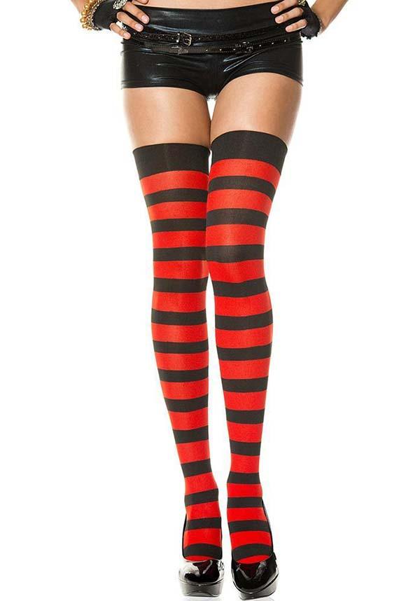 Wide Striped Black and Red Music Legs Thigh High Stockings for Costume, Cosplay, or Gothic Punk Outfits