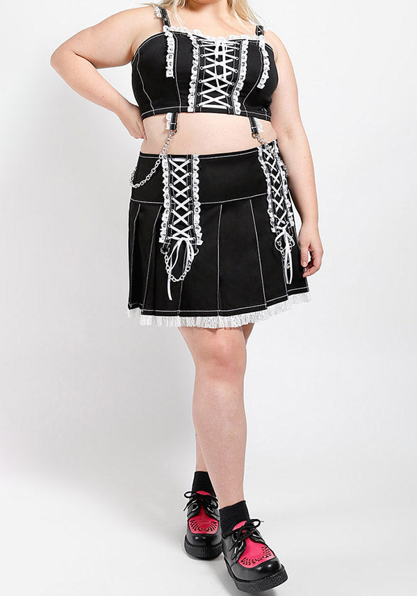 Lolita Monochromatic Black and White Pleated Skirt with Lace, Chains, Eyelets, and D - rings