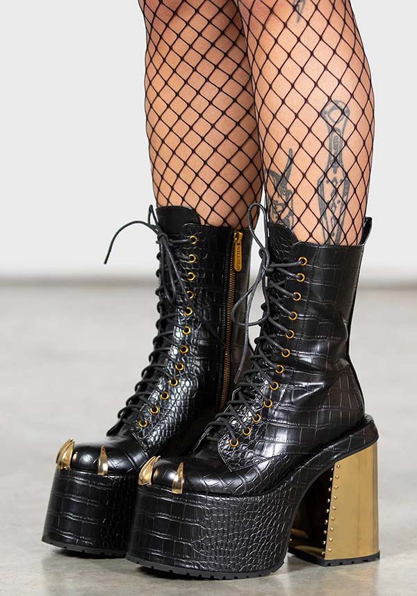 Repetilia Faux Leather Snake Skin Look Boots with Gold Accents