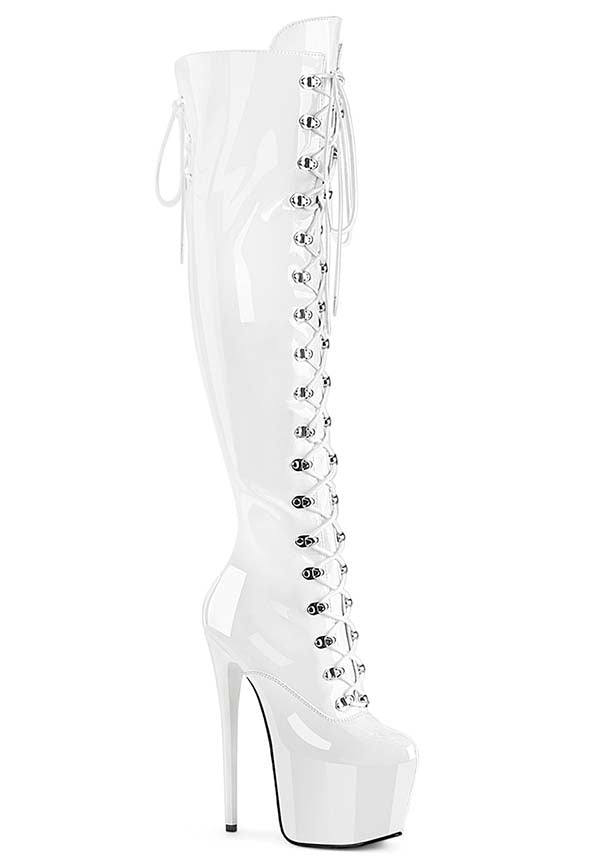 JUBILANT-3012 White Patent Leather Over-The-Knee Platform Boots - Pre-Order