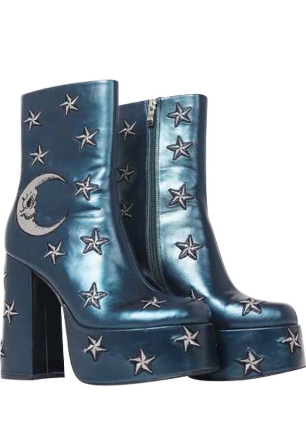 Enchanted Mooncraft Teal-Colored Heeled Chunky Ankle Boots for Women