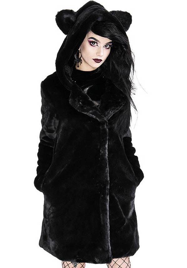 Stylish Restyle Black Faux Fur Winter Coat with Cat Ears