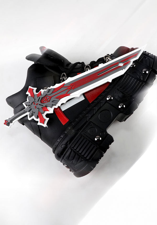 Genshin Impact Inspired Black Combat Platform Boots - Mangosteen-08 with Statement Sword Accessory