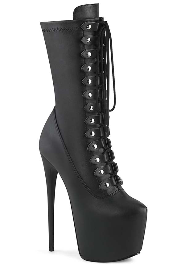 JUBILANT-1048 Black Platform Mid Calf Stretch Studded Wrapping Strap Boots - Preorder
