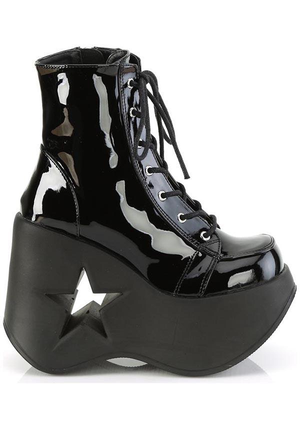DYNAMITE-106 Black Patent Platform Wedge Lace-Up Ankle Boots [Pre-Order]