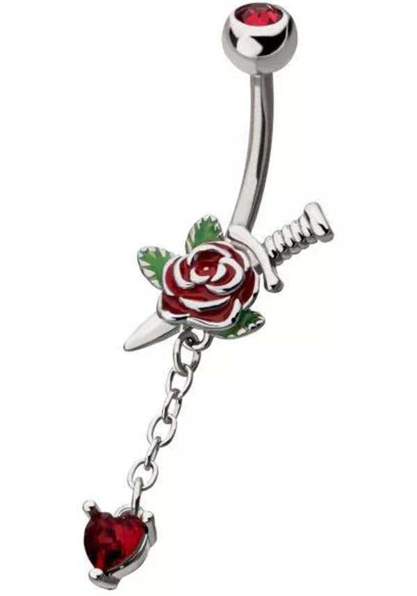 Rose and Dagger Inspired 14g Navel Bar Body Jewelry with Heart - Shaped Gem Dangle and 5mm Ball