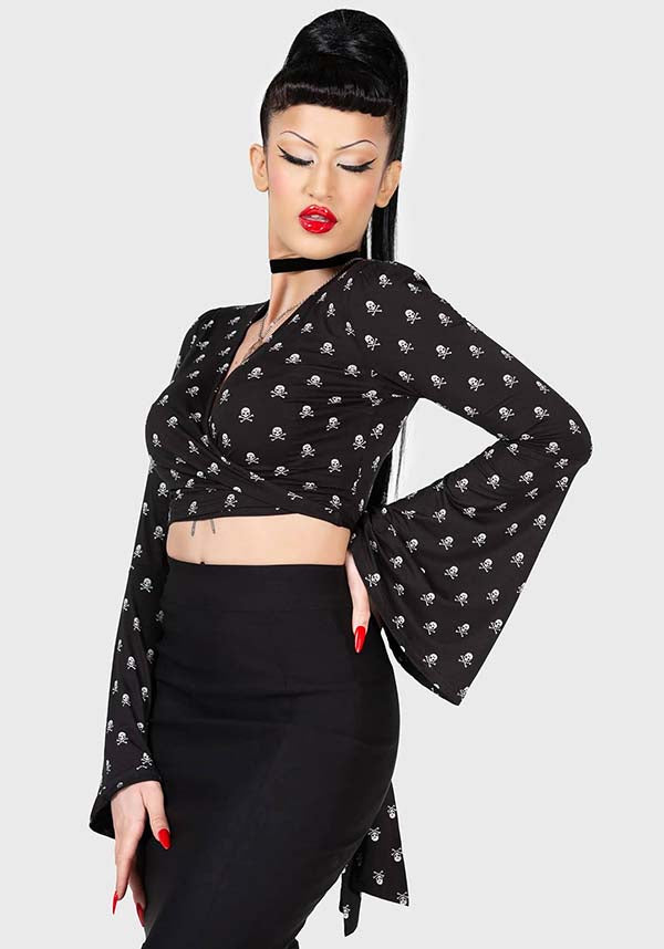 Betty's Bash Wrap Style Cropped Skull Print Stretch Top
