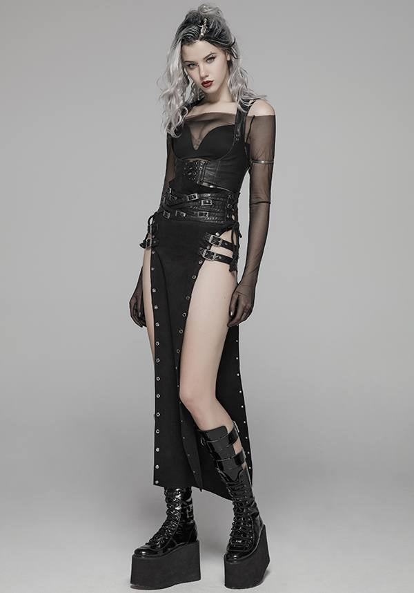 Punk Style High Waist Split Skirt with Leather Loop and Metal Buckle