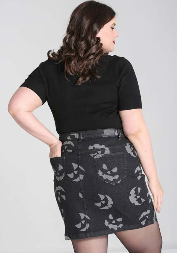 Hell Bunny's Black Jack-O-Lantern Denim Mini Skirt for Halloween