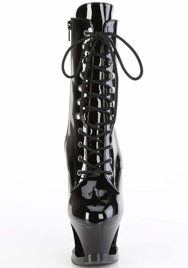 PREORDER - MOON-1020SK Black Patent Platform Ankle Lace-Up Boots