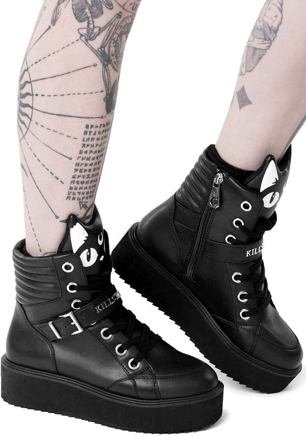 All - Black Luxe Faux Leather Keiko Kitty High Tops with Kitty Tongue