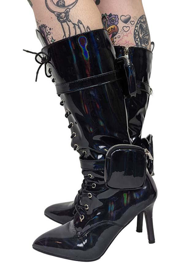 San Jose Black Holo Patent Leather Lace - Up Mid - Heel Boots with Pocket Details