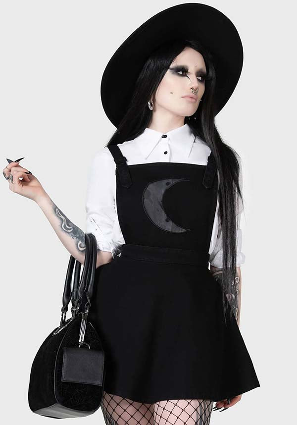 Luna Orb Soft Denim Pinafore Dress with Mesh Moon Design