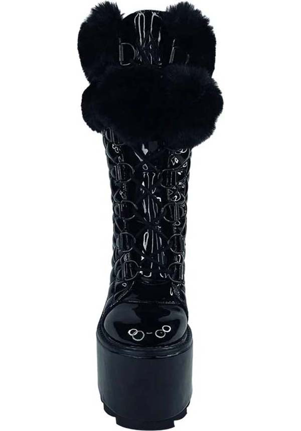 Stylish Black Patent Dune Fur Platform Boots for Fashionistas