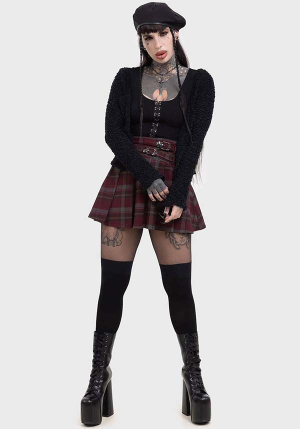 Sable Riot Mini Skirt with Custom Skull Buckles and Check Print