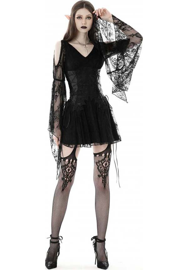 Exquisite Azrael Sheer Lace Dress with Bell Sleeves and Cold Shoulder Design