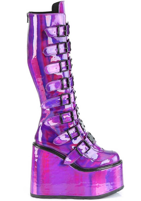 Demonia Swing-815 Purple Pattern Platform Knee-High Boots - Preorder