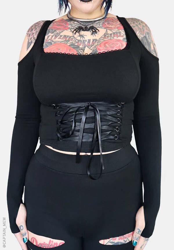 Minerva Cold Shoulder Top with Picot Trim and Corset Design